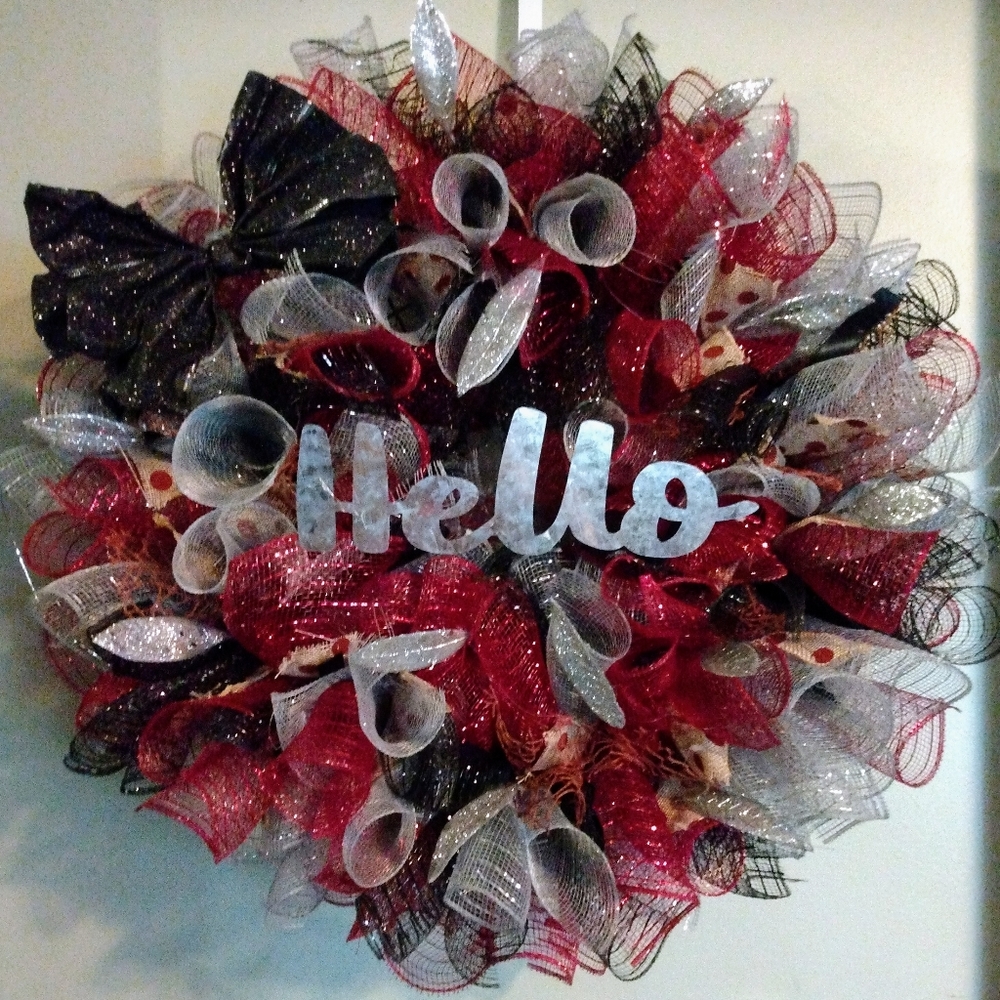 Burgundy grey and black hello wreath